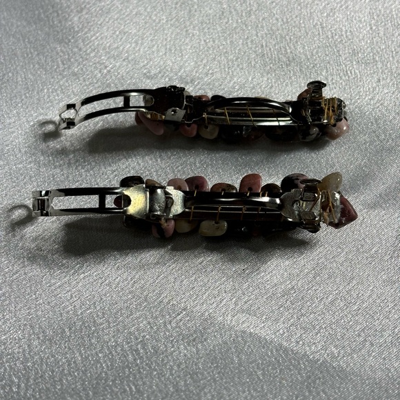 Hand crafted set Barrettes 2 in. adorned w/ individually wrapped Rhodonite chips - Picture 4 of 4